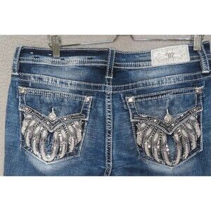 Miss Me Jeans 34 Blue Curvy Boot Angel Wing Feathers Stretch Bling Flap Pockets